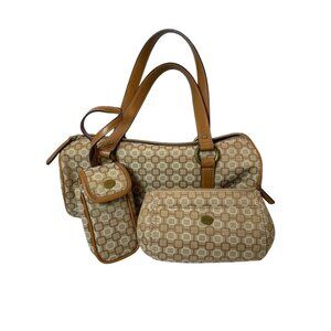 Nine West Geometric Barrel Bag Purse Cosmetic Accessory Bags Mirror 3 pc Set
